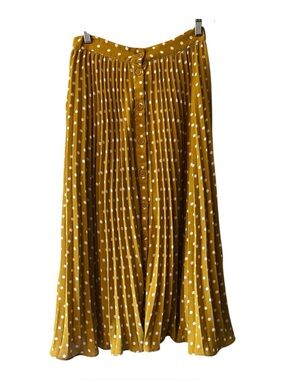 MITTOSHOP Mustard Yellow Pleated Button Front Polka Dot Midi Skirt Sz Small